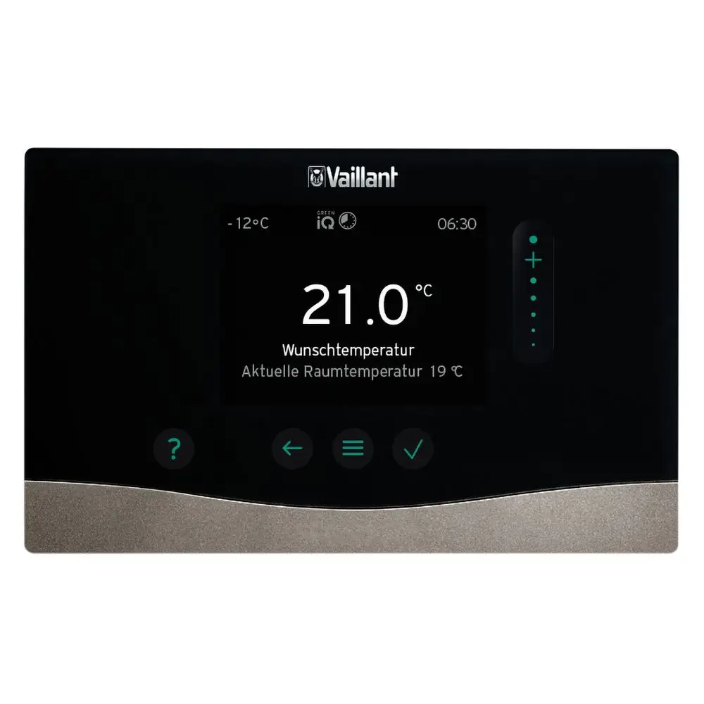 Vaillant Steuergerät mit digitalem Display zur Temperatureinstellung, zeigt Wunsch- und aktuelle Raumtemperatur an, sowie relevante Infos und Steuerelemente.